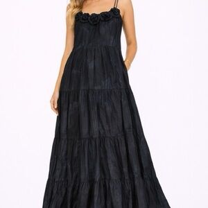 Newport News Black Floral-Trim Tiered Maxi Dress